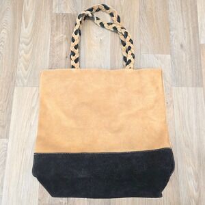 Isadora Tan Suede Leather Tote‎ Bag Black Bottom Braided Handles Boho Chic